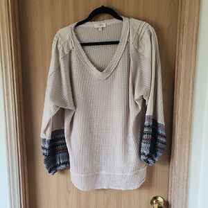 Women's Beige V-Neck Sweater with Patterned Sleeves